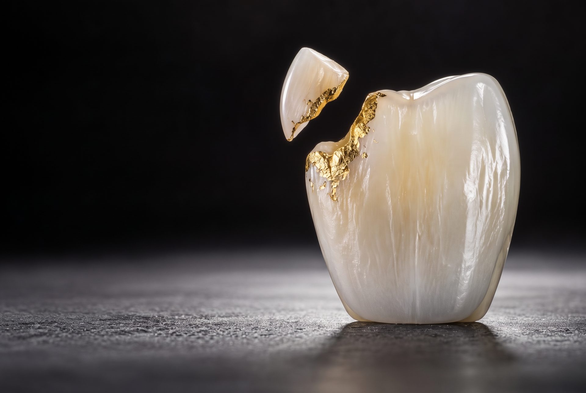 Conceptual artwork: an ivory tooth corner fitted with a matching piece and a delicate gold seam
