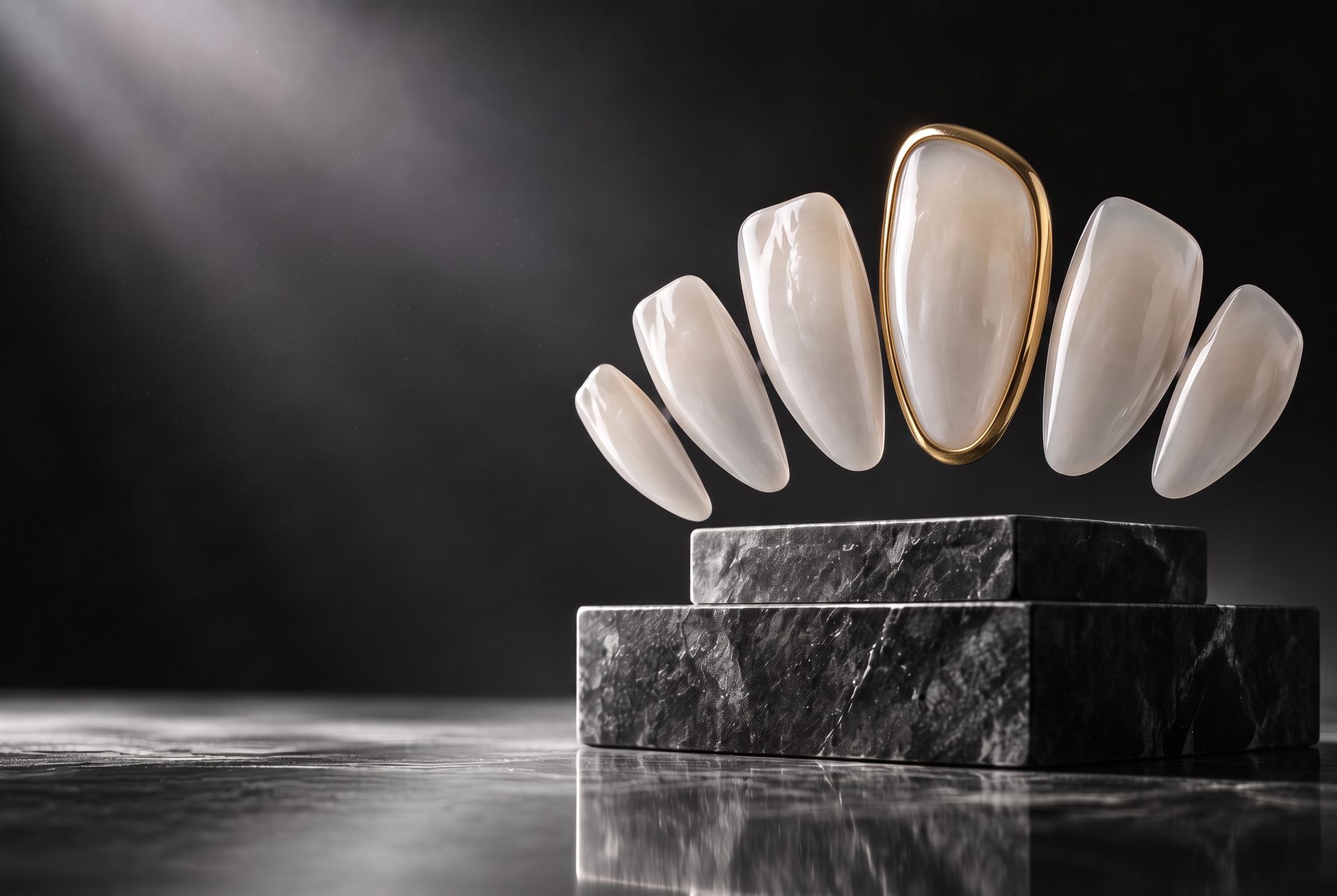 Conceptual artwork: ivory veneer shells arranged as a sculptural fan above a stone plinth