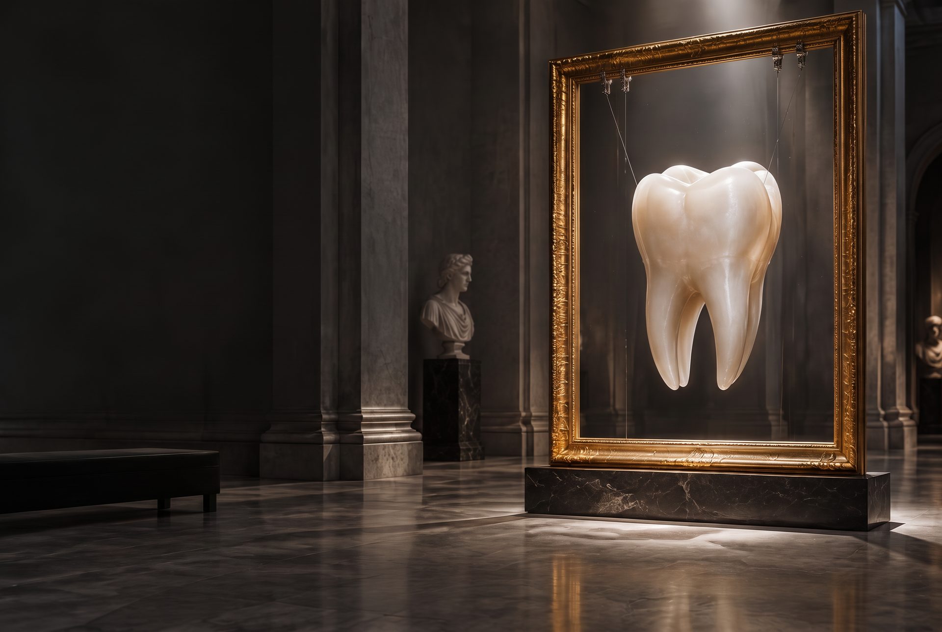 Conceptual artwork: a porcelain tooth displayed as a sculpture in a gallery frame