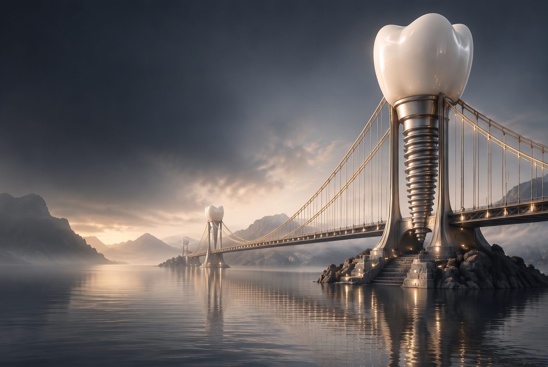 Conceptual artwork: dental implants form the foundations of a suspension bridge