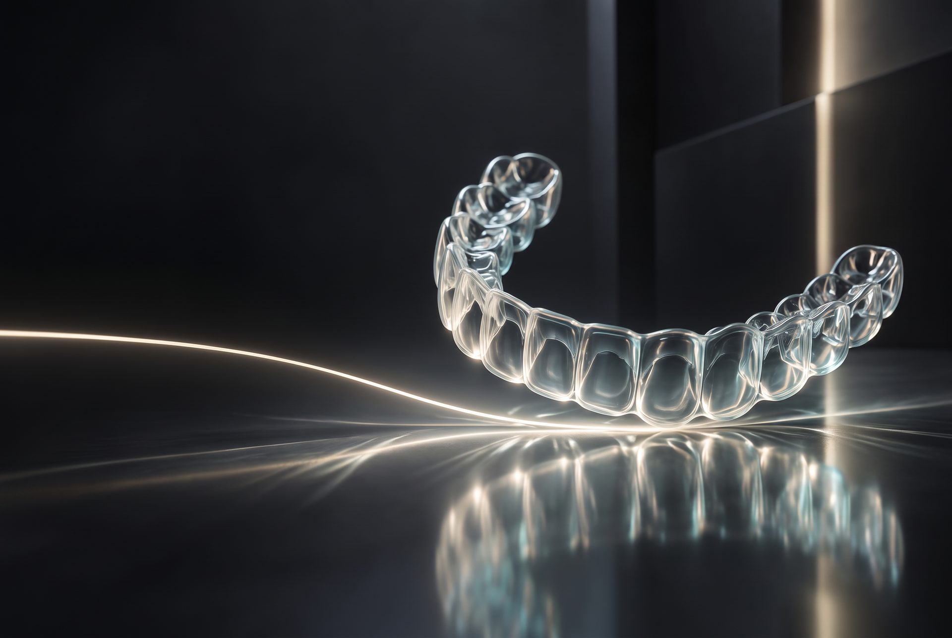 Conceptual artwork: a clear dental aligner refracts a ribbon of light over a reflective surface