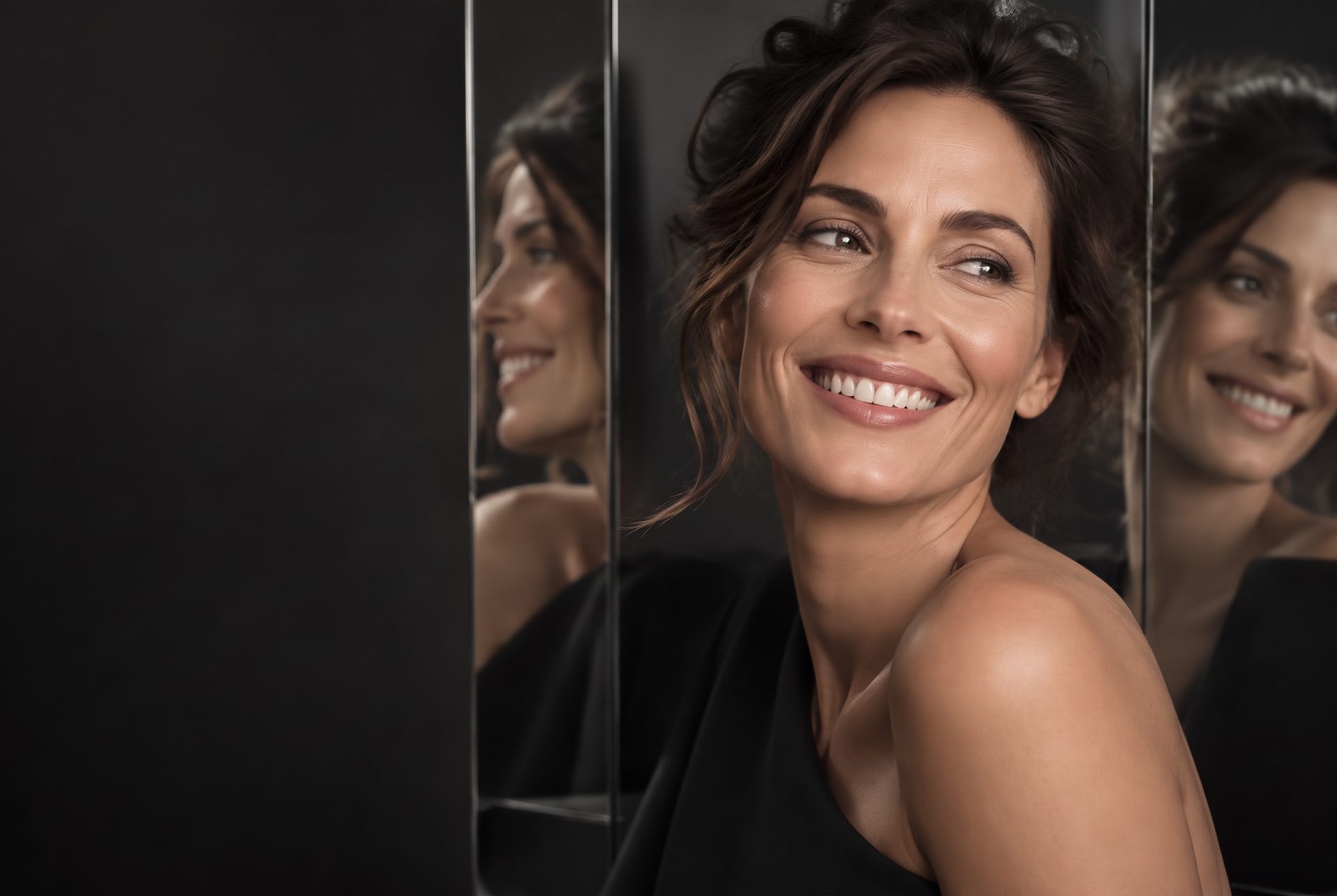 Editorial concept portrait of a smiling woman reflected in sculptural mirror panels; not a patient result
