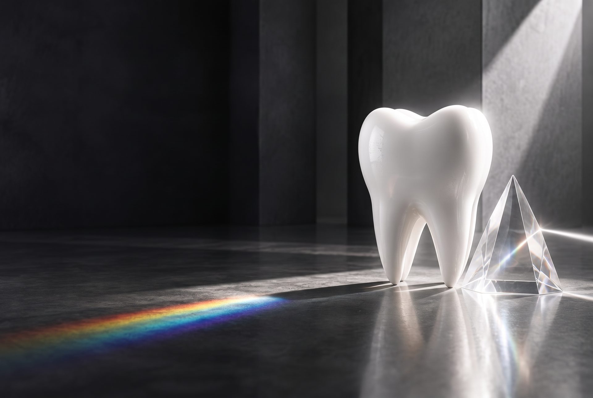 Conceptual artwork: an ivory tooth and a crystal prism in a beam of light
